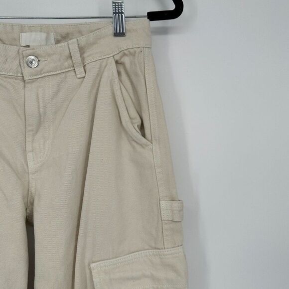 H&M Womens Baggy Fit Cargo Pants Size 2 Cream Wide Leg Y2K Rave 100% Cotton - Picture 6 of 13